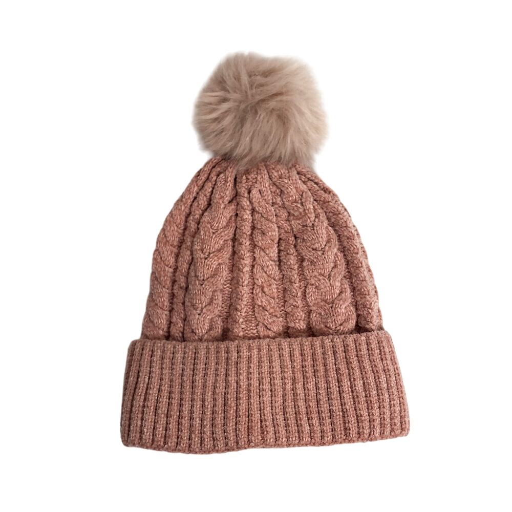 J. Crew Crew Cuts - Pink Cable Knit Faux Fur Pom Winter Beanie Hat -M/L- NWT